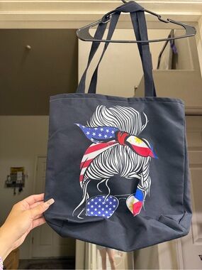 Black Graphic Tote Bag with Patriotic Headscarf Print